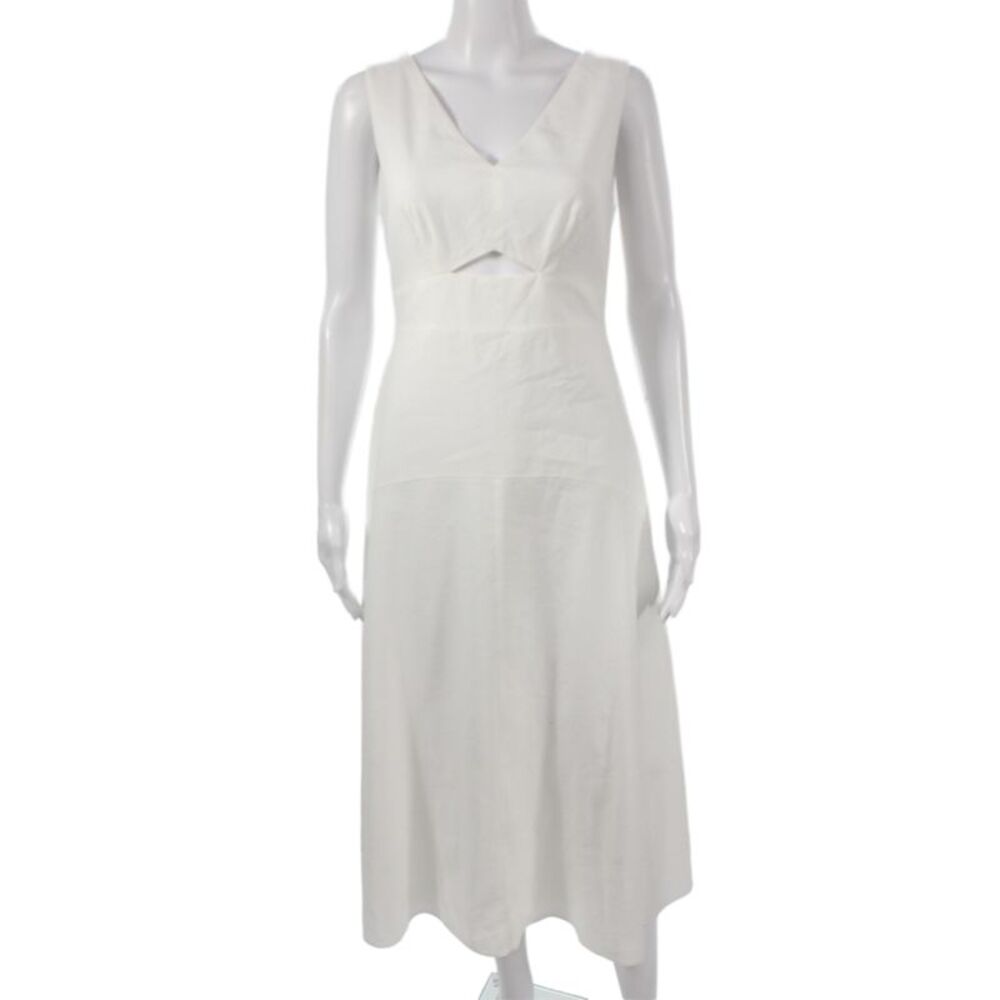 Theory Womens A-Line Linen Dress V-Neck Sleeveless Knee Length White Zip Size 2